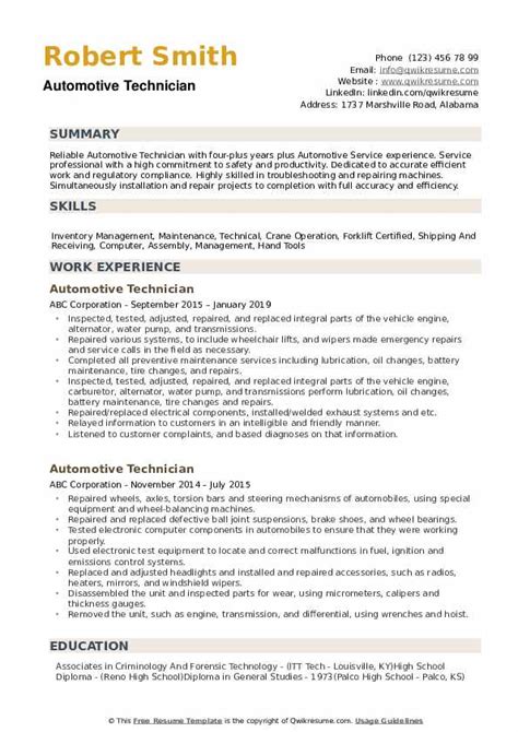 Automotive Technician Resume Samples | QwikResume