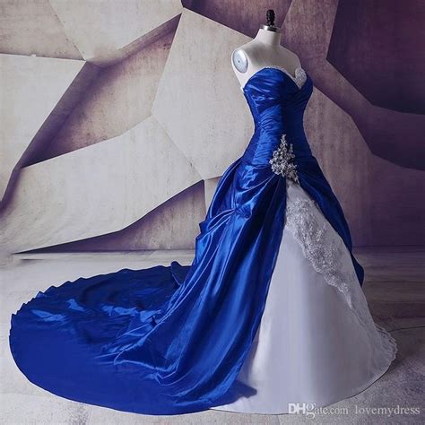 Discount 2021 Royal Blue White Wedding Dresses Real Photos Cheap Applique Beaded Sequined Court ...