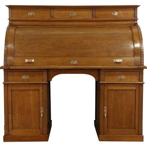 Oak 1900 Antique German Roll Top Cylinder Desk, Pull Out Leather Top | Desk, Home desk, Oak