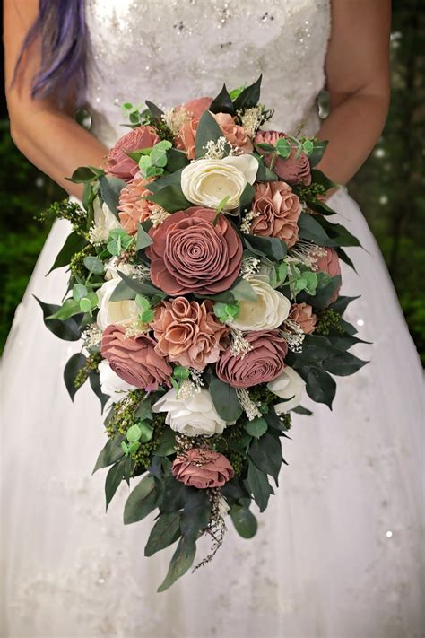 Stunning Wood Flower bridal cascade bouquet | Rose gold bouquet ...