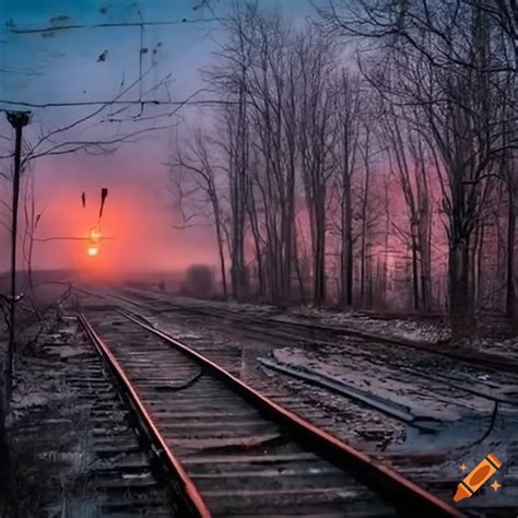 Eerie red dawn at abandoned siberian train station on Craiyon