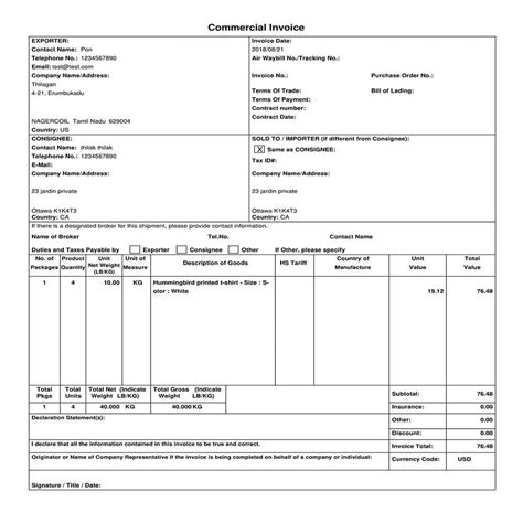 Customs Commercial Invoice Template