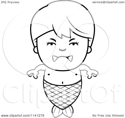 Cartoon Clipart Of A Black And White Angry Mermaid Boy - Vector ...