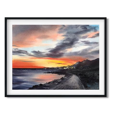 Coastal Sunset Painting, Sea Beach Watercolor Original Art, Landscape ...