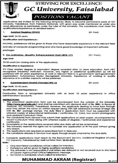 GC University, Faisalabad (Govt Jobs) Requires Staff in Faisalabad ...