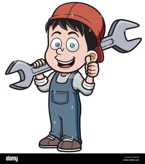 Vector illustration of Cartoon mechanic holding a huge wrench Stock Vector Image & Art - Alamy