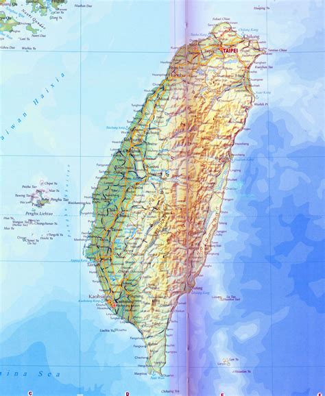 Large detailed road and topographical map of Taiwan. Taiwan large ...