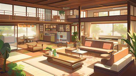 An Anime Style Living Room Background, Picture Of Mid Century Modern ...
