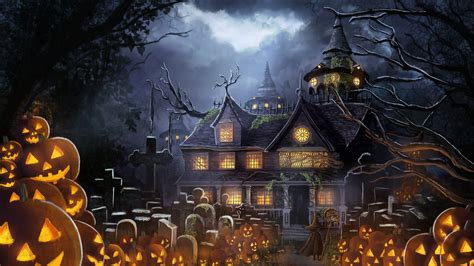 Wallpaper graveyard Anime Pumpkin Fantasy Halloween Houses 3840x2160