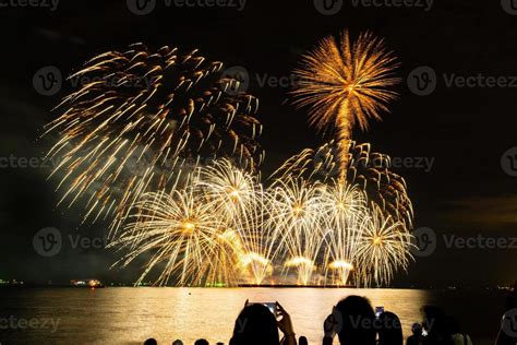 fireworks celebration over sea in pattaya beach 13284475 Stock Photo at ...