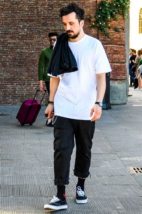 White T-shirt, Vans Attires Ideas With Black Casual Trouser, Vans ...