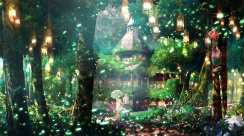 Download Anime Couple In The Forest Green Anime Aesthetic Wallpaper | Wallpapers.com