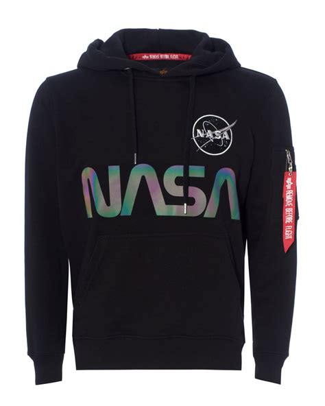 Alpha Industries Reflective Rainbow NASA Logo Hoodie, Black Sweatshirt