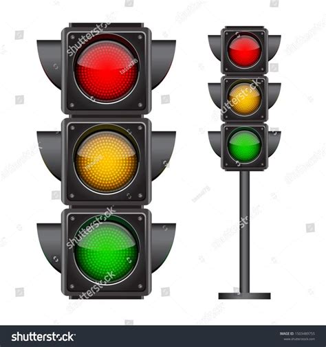 Traffic lights with all three colors on. Photo-realistic vector illustration isolated on white ...