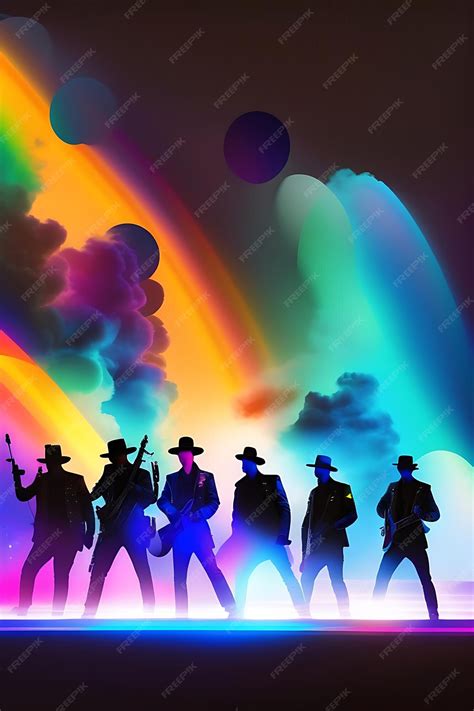 Premium Photo | Silhouette of gang of droogs in front of colorful rainbow lights with smoke ...