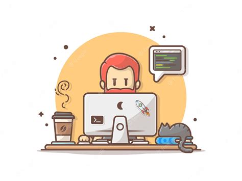 Premium Vector | Programmer with Code, Cat on Book, and Coffee Vector ...