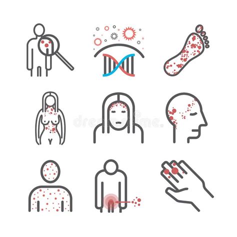 Psoriasis. Symptoms, Treatment. Line Icons Set Stock Vector - Illustration of epidermis, genes ...