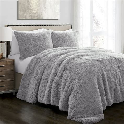 Lush Decor Emma Faux Fur Polyester Comforter, Full/Queen, Light Gray, 3-Pc Set - Walmart.com ...