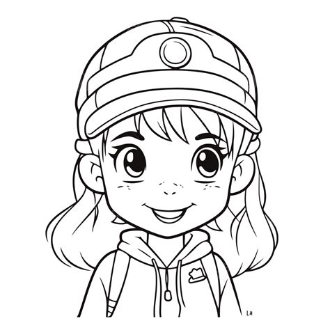 An Cartoon Girl In A Baseball Hat Coloring Page Outline Sketch Drawing ...