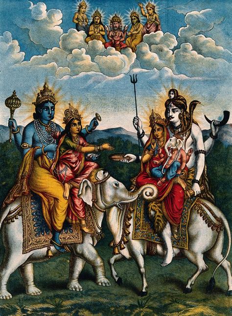 Rare Print : Vishnu and Lakshmi on an elephant meeting Shiva, Parvati and Ganesha on a bull ...