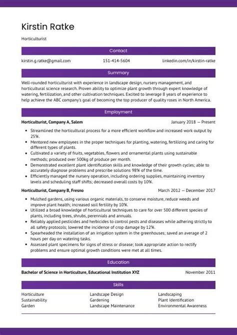 Horticulturist Resume (CV) Example and Writing Guide