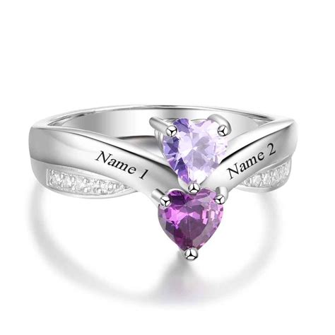 Promise Rings Personalized Heart Birthstone Engrave 2 Names 925 Sterling Silver couple gifts for ...