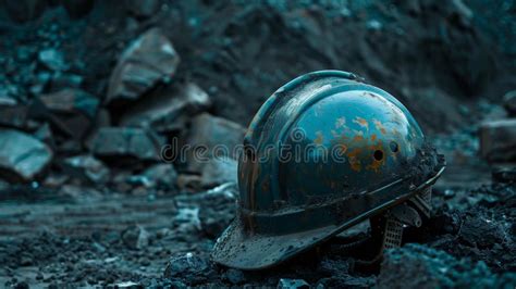 An Old, Worn, Scratched Black Miner& X27;s Helmet Lying on a Pile of ...