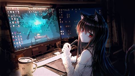 Anime cat girl, room, computer, animal ears, coffee, cute, Anime, HD wallpaper | Peakpx