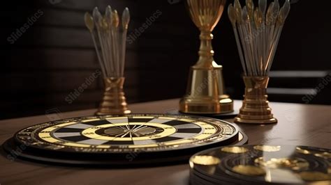 Dart And Darts On A Table With Gold Cup And Trophy Powerpoint ...