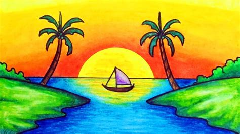 How to Draw Easy Scenery | Drawing Simple Sunset Scenery Step by Step with Oil Pastels | Easy ...