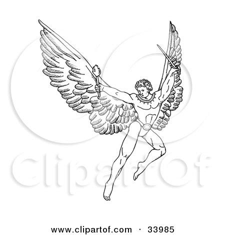 Pen And Ink Drawing Of A Male Warrior Angel With Large Wings, Flying With A Torch And Sword ...