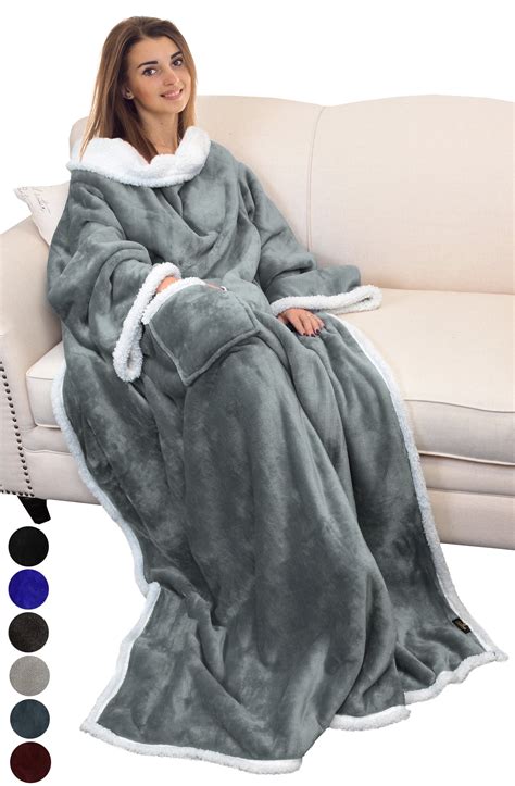 Fleece Blanket Wearable with Sleeves and Pocket, Micro Plush Warm Comfy ...