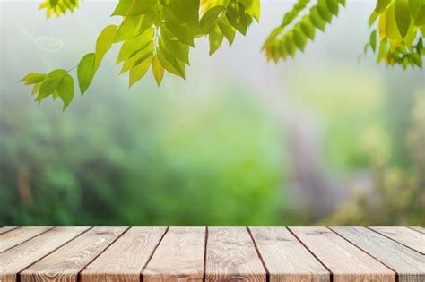 Premium Photo | Empty wood table top and blurred green tree