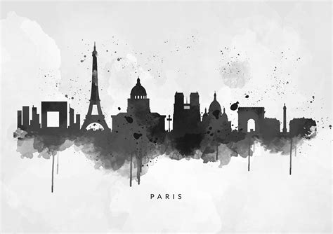 Paris Skyline, Black & White Art, Watercolour Abstract Art Print ...