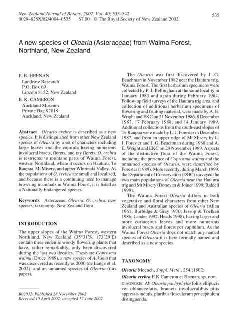 (PDF) A new species of Olearia (Asteraceae) from Waima Forest, Northland, New Zealand