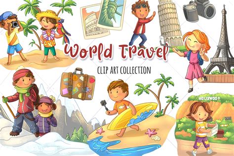 World Travel Clip Art, Tourists Clipart, Vacation Clipart, Travel Graphics, Kawaii Kids, Cute ...