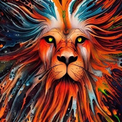 Terrifying ghost lion, orange green black white blue red, liquid, ink ...