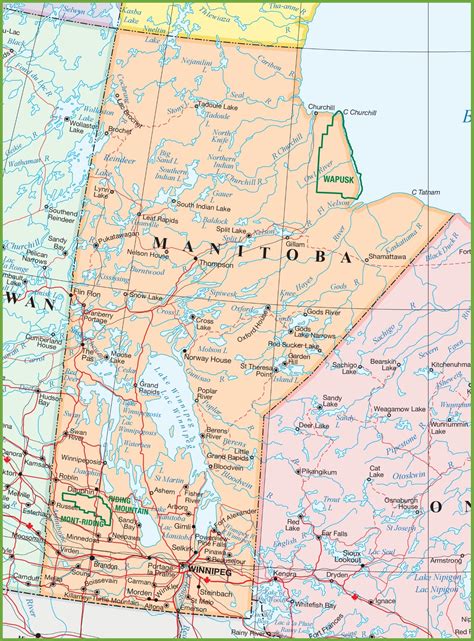 Large detailed map of Manitoba with cities and towns