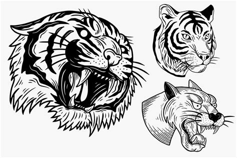 Set Dark illustration Beast Tiger Panther Head Bones Hand drawn Hatching Outline Style for ...