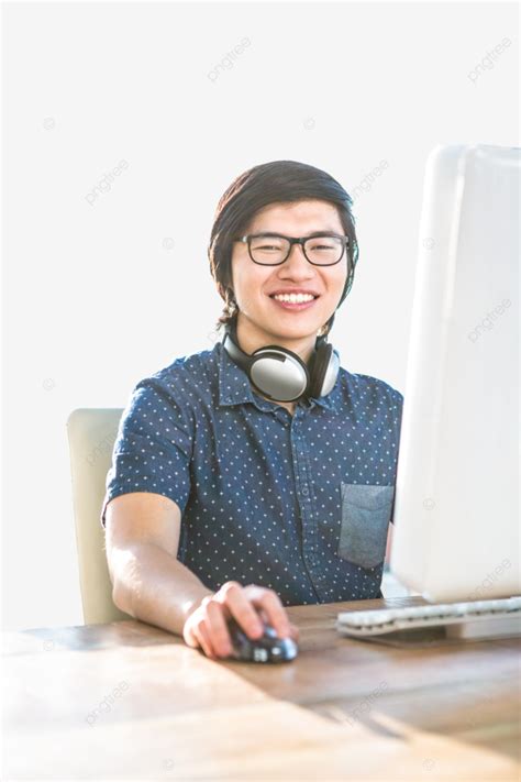 Smiling Asian Businessman Using Computer Occupation Wood Table Bicycle, Casual, Male ...
