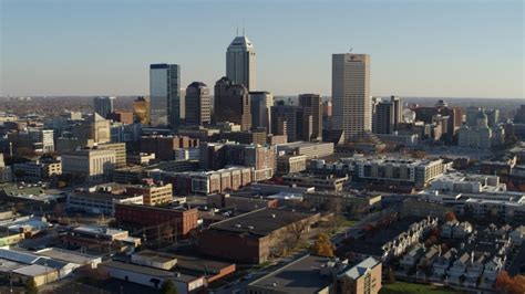 5.7K stock footage aerial video of flying by the skyline in Downtown Indianapolis, Indiana ...