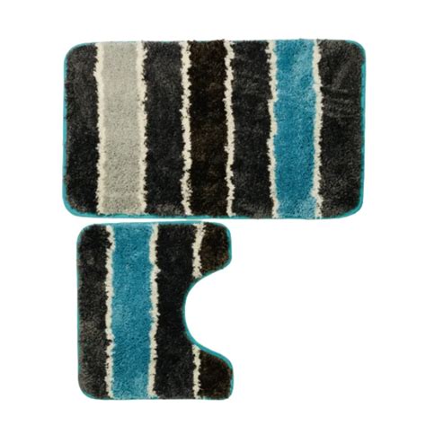 2 Piece Bathroom Mat Fluffy Blue & Grey Plain - Sastro