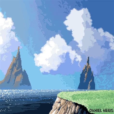 View of the sea mountains - pixel art - 32 colors - 224 x 224 pixels ...