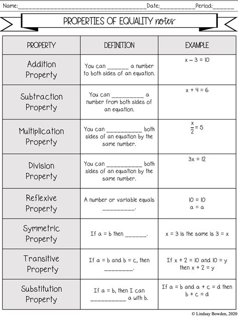 Properties of Numbers & Equality Notes and Worksheets - Lindsay Bowden