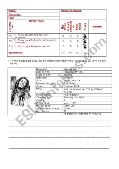 Writing the biography of Bob Marley - ESL worksheet by patt29