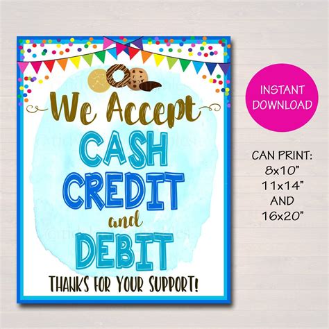 We Accept Payments Sign Cash, Credit, Debit Printable | Credit card sign, Cash credit, Credit ...