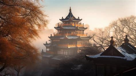 Premium AI Image | A temple in the winter with the sun setting behind it