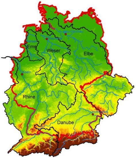 The 5 major river basins in Germany, including their upstream areas ...