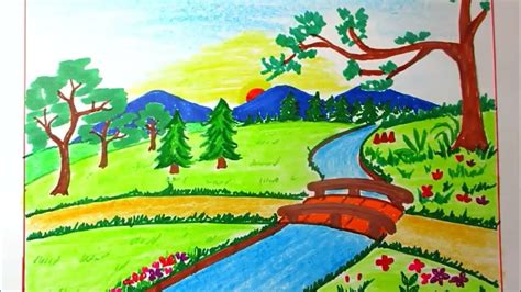 Drawing Landscape of Mountain and River for Kids | Scenery Drawing Chann... | Art drawings for ...