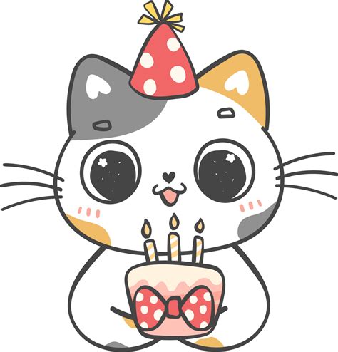 Cute playful happy birthday cat kitten celebrating party cartoon doodle ...